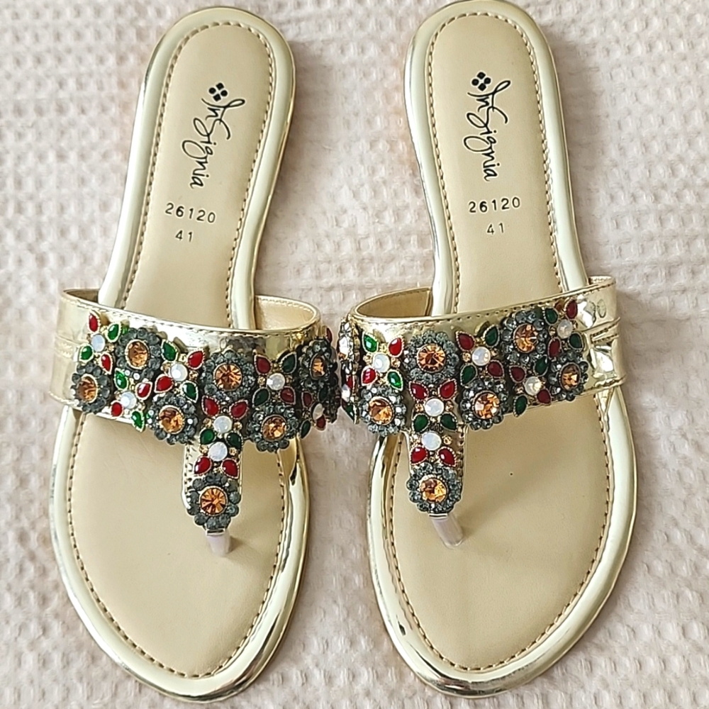 NEW Insignia Italy Leather Jeweled Slides Flats Sandals Gold Red Green 8.5 to 9